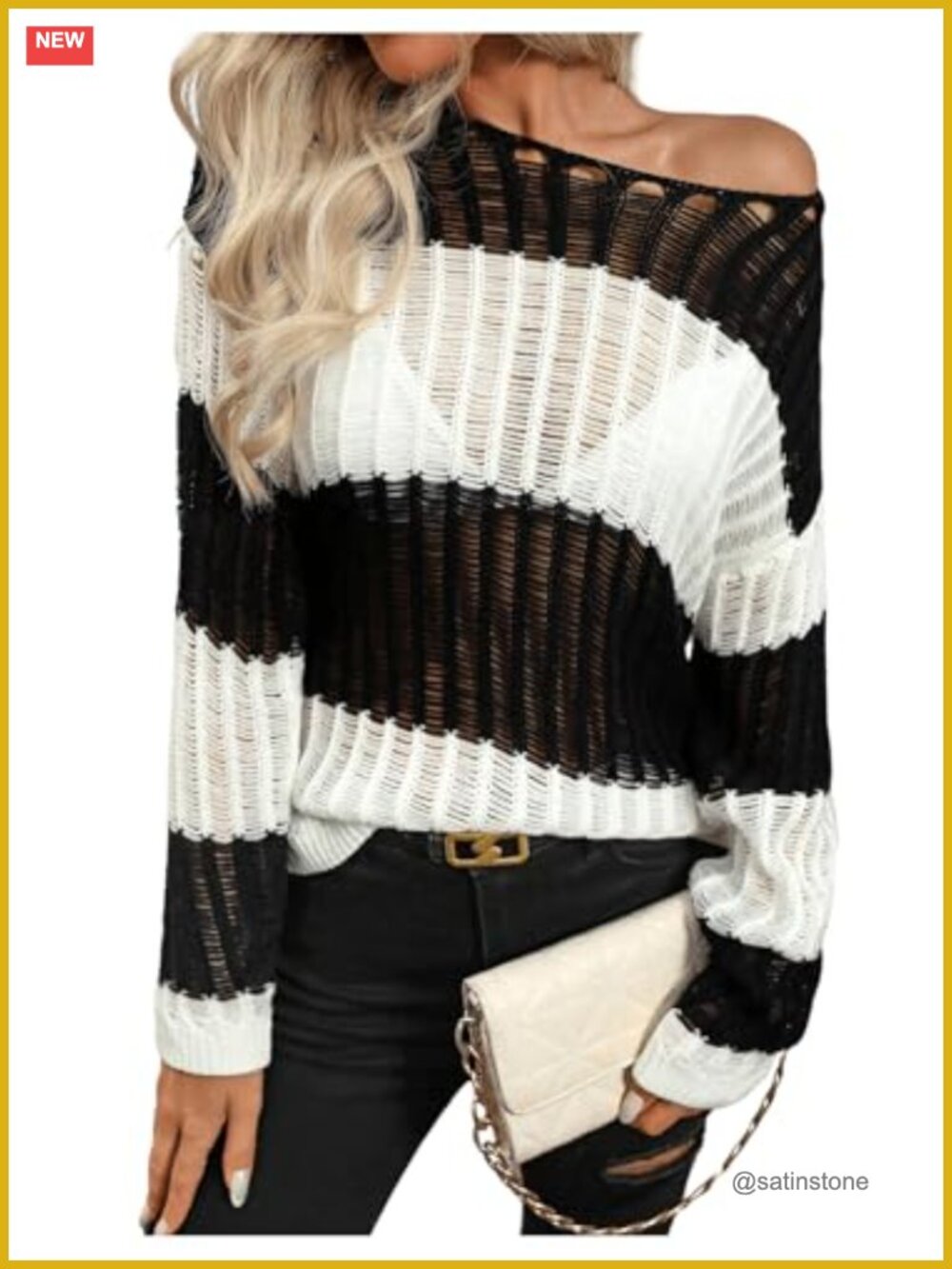 Striped Off Shoulder Pullover Sweater Crochet Long Sleeve Fall Outfits